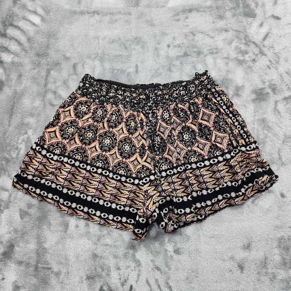 Angie Shorts Womens S Black Boho Geometric Smocked Waist Rayon Pull On Flowy